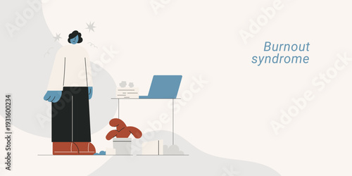 Burnout syndrome with exhausted woman experiencing stress, overwork and mental fatigue. Flat design vector illustration for mental health, burnout and workplace wellness concepts.