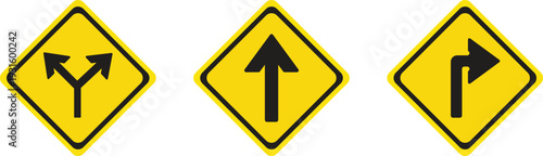 Yellow Road Warning Signs Vector Set, Intersection, Straight Ahead and Right Turn Traffic Symbols