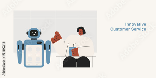 Innovative customer service with robot chatbot AI assistant and man support representative. Flat design vector illustration for customer service, AI support and communication concepts.