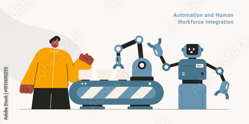 Robot and automation with human workforce integration showing man, robot and assembly line. Flat design vector illustration for automation, manufacturing and industry 4.0 concepts.