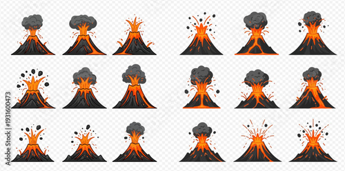 Volcano eruption stages set with smoke, lava, and ash clouds on transparent background.