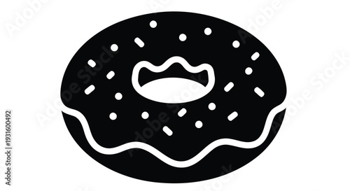 Simple black and white illustration of a sprinkled donut on a white background