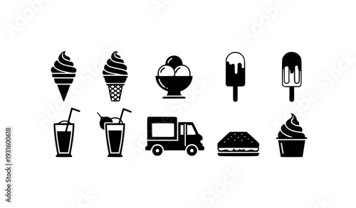 Black ice cream dessert silhouette icon collection with cone popsicle sundae and milkshake vector isolated on white