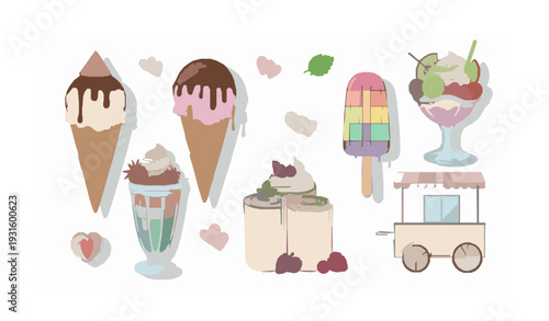 Hand drawn ice cream dessert vector collection with waffle cone sundae popsicle and vintage sweet treats isolated on white