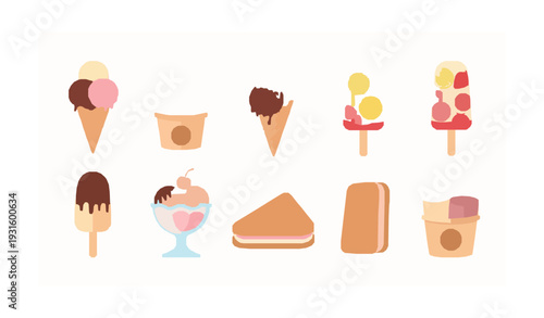 Colorful ice cream dessert vector set with cones popsicles sundae and sweet frozen treats on white background
