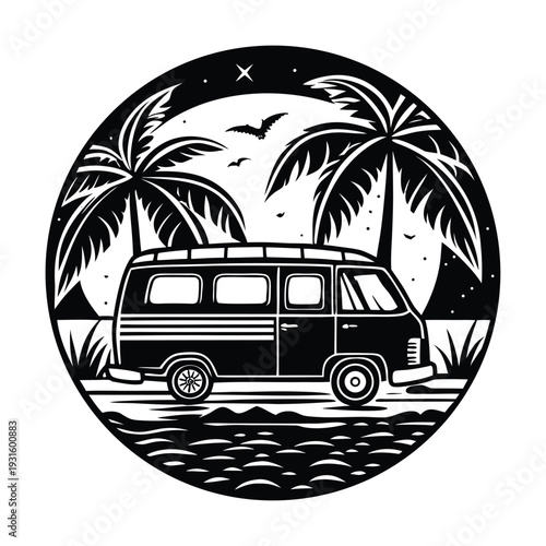 Vector illustration of a van on a beach with palm trees