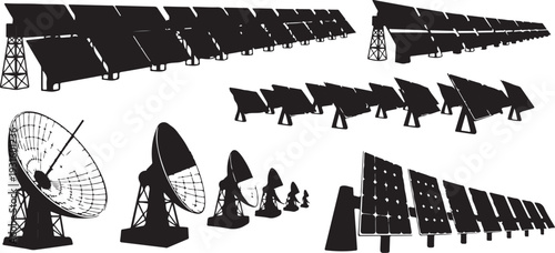 Solar panels and satellite dishes in black silhouette style