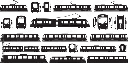 Collection of various tram and bus silhouettes on white