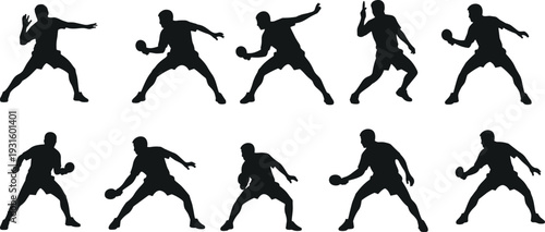 Dynamic black silhouettes of athletes throwing balls in various action poses, perfect for sports training, animation, and motion reference illustrations