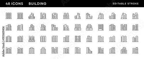 Building icon collection. Modern architecture, skyscrapers, city building, residence, cityscape, skyline and more. Editable stroke. Pixel Perfect. Grid base 32 x 32.