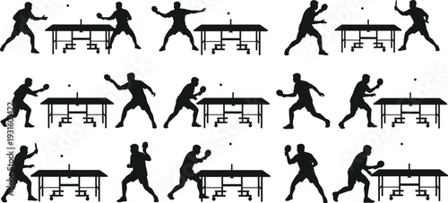 Dynamic black silhouettes of table tennis players in action poses with paddles, tables, and balls showcasing diverse gameplay techniques.