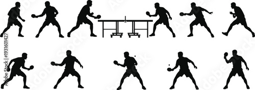 Dynamic black silhouettes of table tennis players in action poses with paddles and net, showcasing competitive sports energy and motion