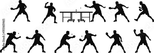 Dynamic silhouettes of table tennis players in action with paddles, ball, and net showcasing competitive ping pong sports movement illustration