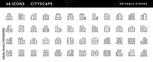 Icons. Cityscape icon collection. Modern architecture, skyscrapers, city building, residence, cityscape, skyline and more. Editable stroke. Pixel Perfect. Grid base 32 x 32.