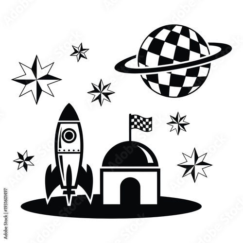 Black and white illustration of a rocket launching near a building with a checkered planet and stars in the sky