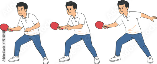 Table tennis player performing forehand stroke sequence with paddle, showing preparation, contact, follow-through technique, sports training and motion illustration