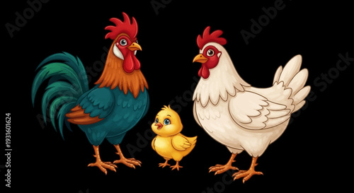 Happy Cartoon Farm Family of Rooster, Hen, and Chick Standing on an Isolated Black Background