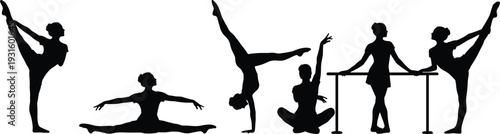 Vector illustration of ballet dancer silhouettes performing classical poses with barre, flexibility, graceful movement, artistic design, elegant performance composition