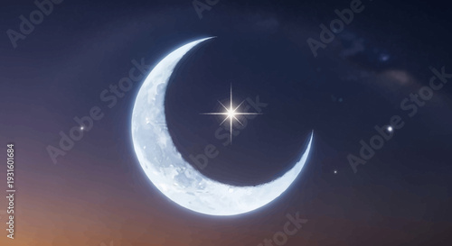 Crescent Moon with Bright Star in Night Sky.