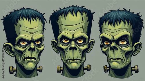 Three distinct Frankenstein monster head vector illustrations with green skin and neck bolts.
