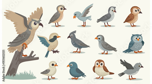 A charming collection of colorful cartoon birds featuring different species and poses