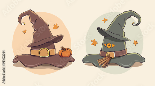 Two cartoon witch hats with a pumpkin, broomstick, and autumn leaves for Halloween designs.