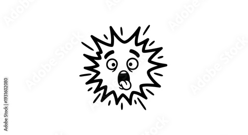 Simple black and white illustration of a shocked face surrounded by jagged lines.