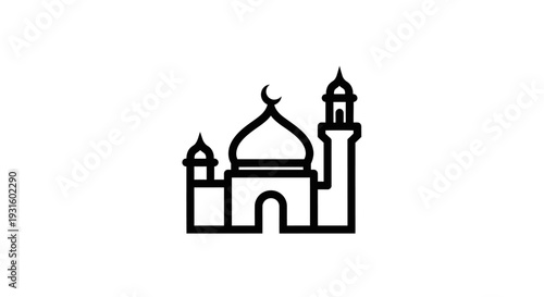 Simple line art illustration of a mosque with minarets and dome.