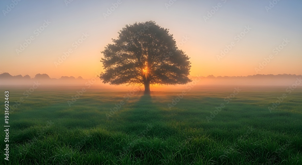 Fototapeta premium Hermoso paisaje de un árbol en un campo con la puesta de sol al fondo