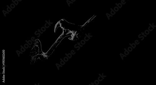 White line art illustration of a strong human hand holding a hammer on a solid black background, representing tools, work, and construction.
