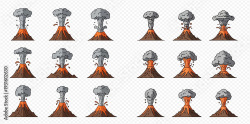 Set of cartoon pixel art volcanoes with erupting lava and smoke clouds.