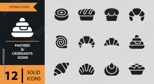Pastries And Croissants Solid Bakery Menu Icons