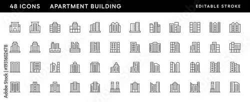 Apartment building icon collection. Modern building, residence, city building, exterior, cityscape, metropolis, real estate and more. Editable stroke. Pixel Perfect. Grid base 32 x 32.