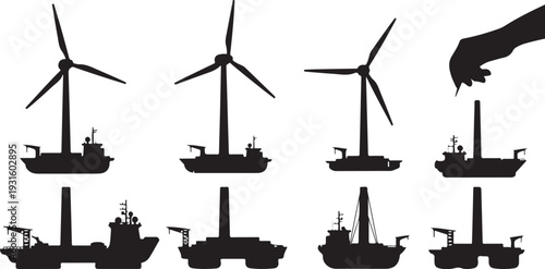 Silhouette of wind turbines and industrial ships at sea
