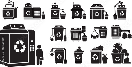 Recycling icons and symbols in black and white color