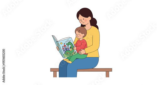 Vector illustration of mother and child reading a book