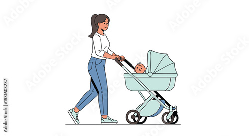 Vector illustration of woman pushing baby stroller