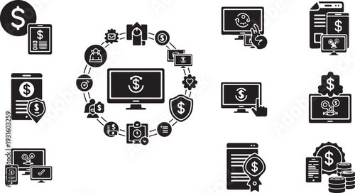 Financial Technology Icons Surrounding a Central Computer Screen Display