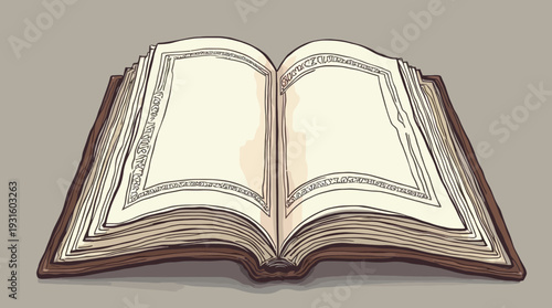 A vintage open book with blank ornamented pages is displayed on a neutral background.