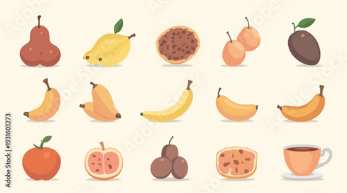 A vibrant arrangement of various fresh fruits and a single cup of coffee in a flat vector style.