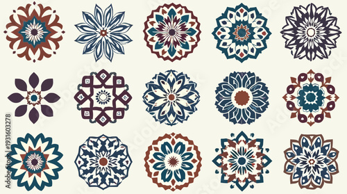A vibrant collection of ornate geometric floral mandala patterns on a light background.