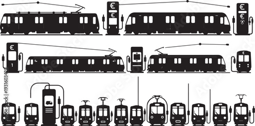 Various Tram and Train Silhouettes in Different Positions