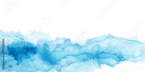 Abstract blue watercolor texture background with fluffy white clouds and soft sunlight creating a serene heaven atmosphere for summer or winter sky designs