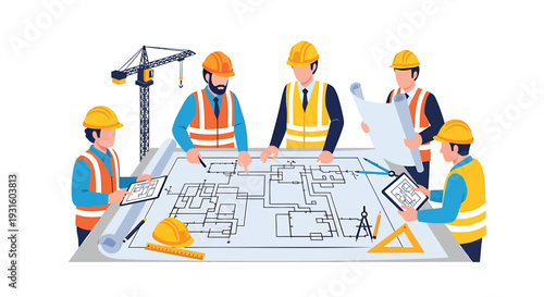 Vector illustration of 5 construction workers with blueprint
