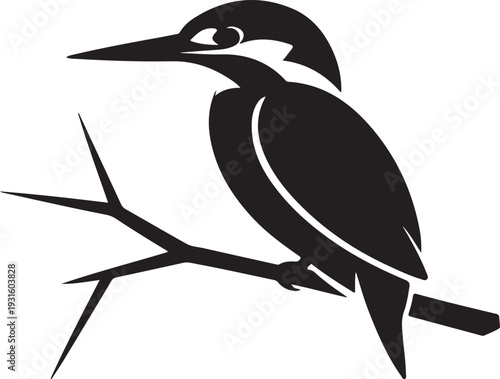 Stylized black kingfisher bird perched on a branch, minimalist vector art