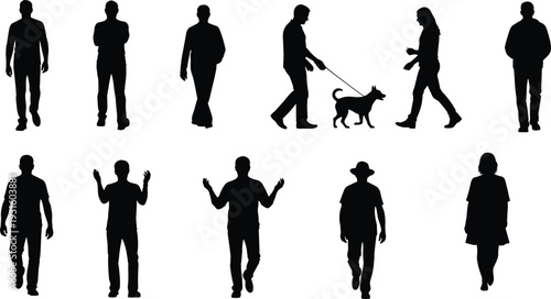 Set of casual people silhouettes walking, man walking dog, diverse figures in everyday life poses, isolated standing people for lifestyle design