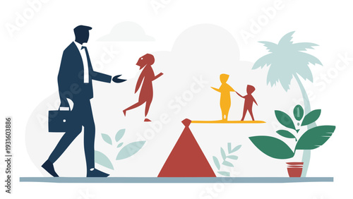 Businessperson balancing work and family life with scale symbolizing harmony and priorities in daily routine