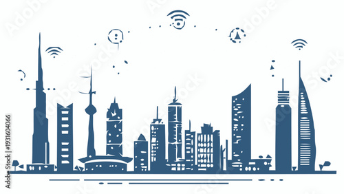 Smart city skyline with connected network lines and futuristic technology symbols