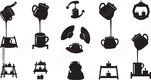 Black silhouettes of tea sets and coffee makers icons