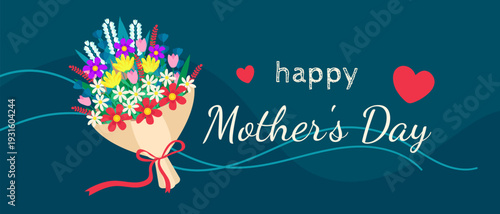 Mother's Day card, Bouquet of flowers for mom flat illustration, Banner for Mother's Day holiday.